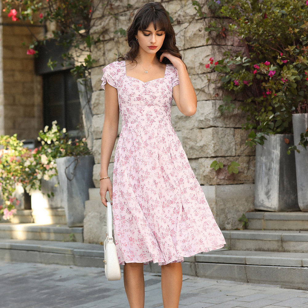 belle poque Women's Sweatheart Floral Dress 2026 Spring Ruched Midi Garden Party Dress