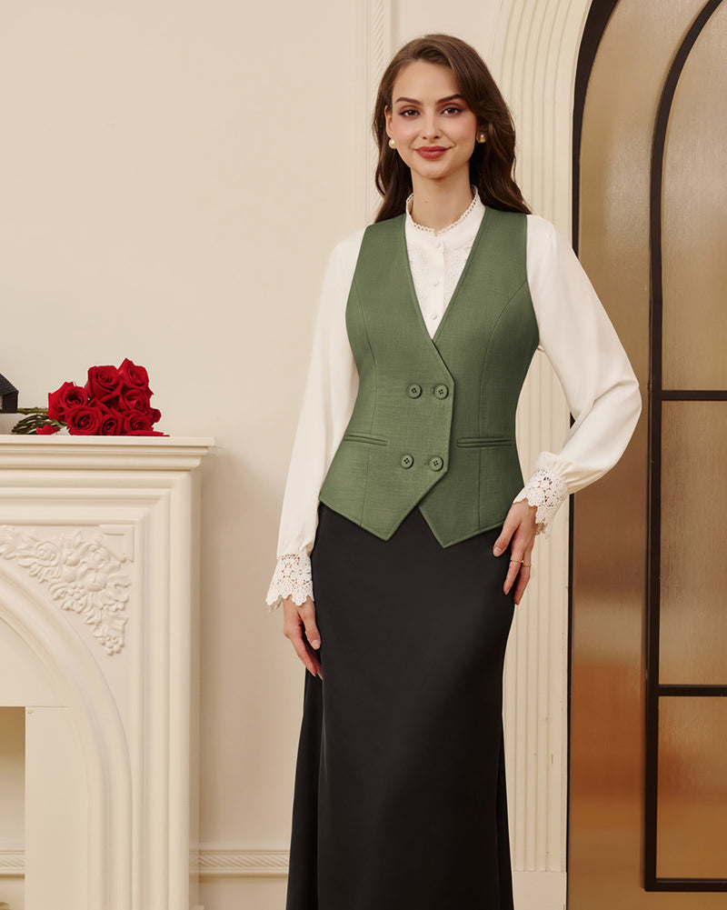 belle poque Women Double Breasted Vest Coat V-Neck Handkerchief Hem Business Waistcoat