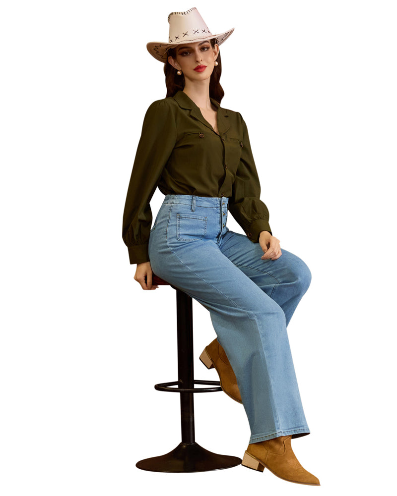 belle poque Vintage Straight Leg High Waisted Elastic Waist Multi-Pocket Flare Denim Pants