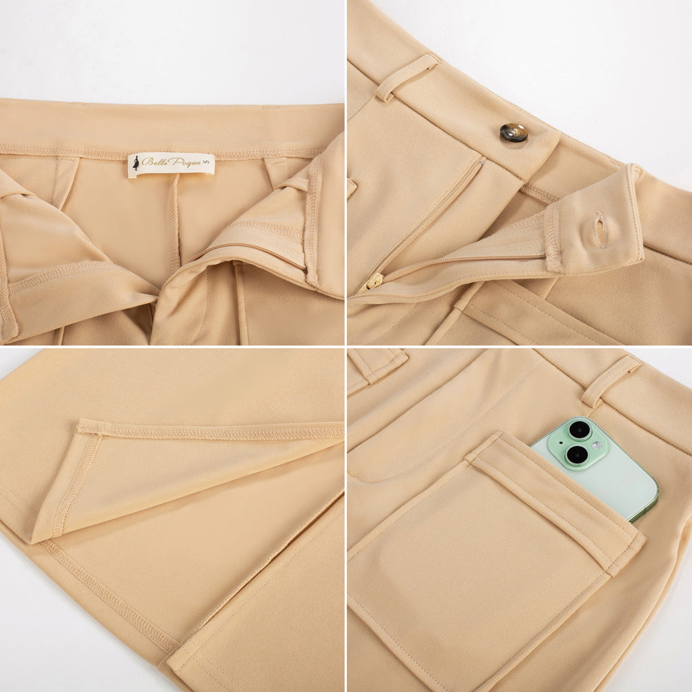 belle poque Women Cargo Skirt Long Pencil Skirt High Wiasted Skirts with Pockets & Slit
