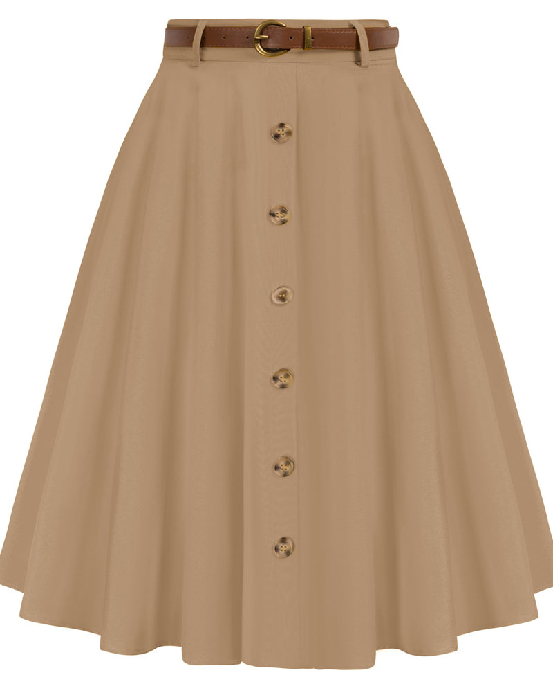 belle poque Swing Skirt with Belt Elastic High Waist Buttons Decorated Skirt