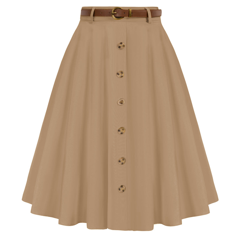 belle poque Swing Skirt with Belt Elastic High Waist Buttons Decorated Skirt