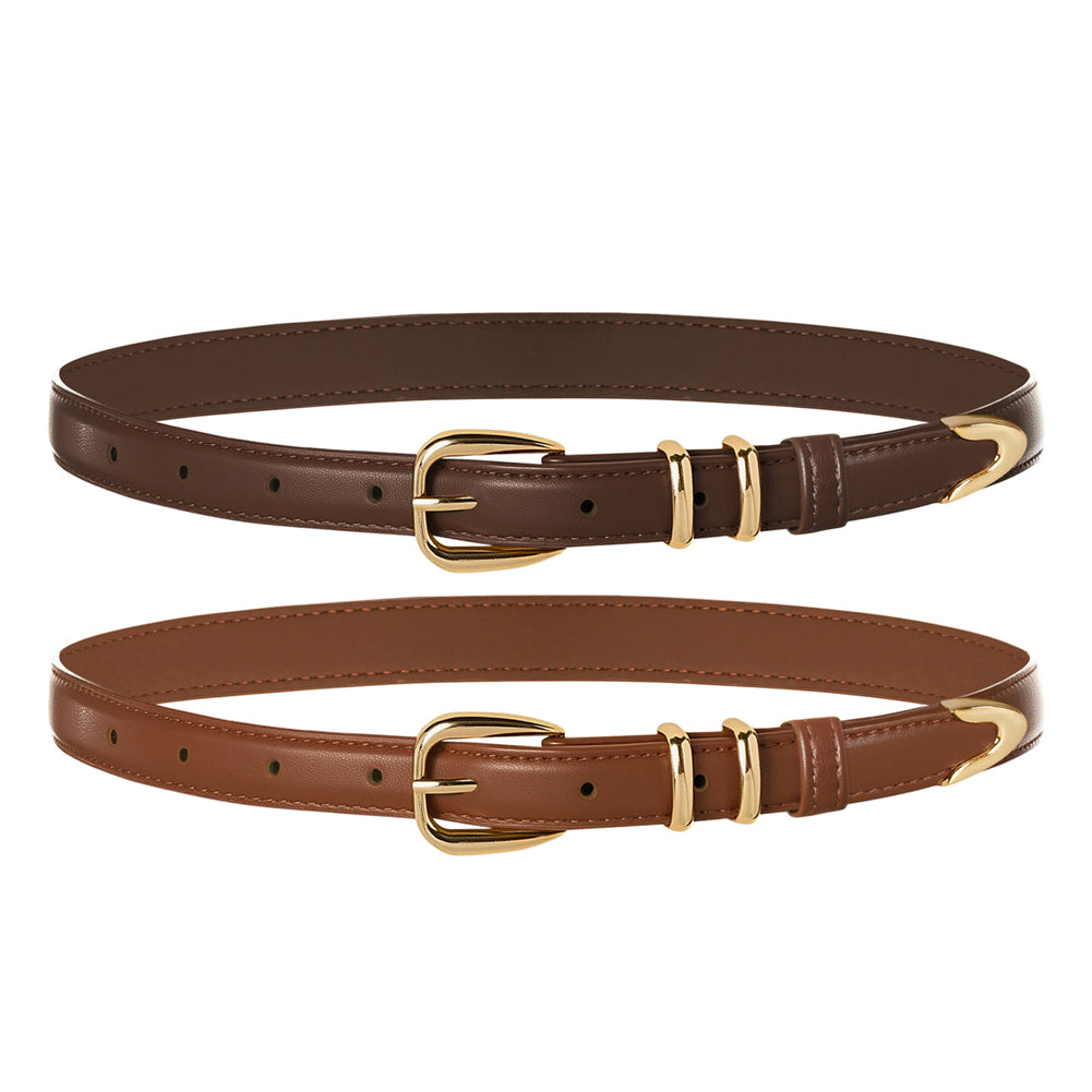 belle poque Women 2pcs Classic Buckle Waist Belt Ladies Polyurethane Leather Narrow Belt SET3