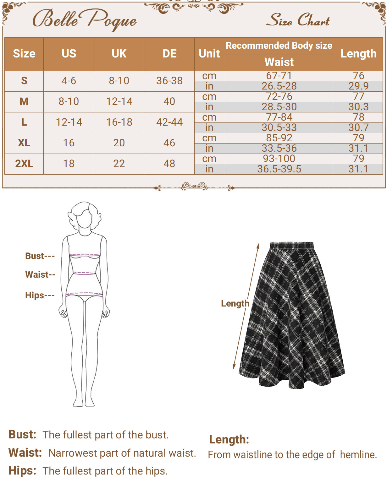 belle poque Women Vintage Plaided Swing Skirt Elastic Waist Mid-Calf Length A-Line Skirt