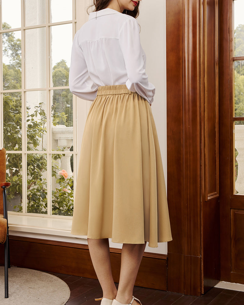belle poque Women Vintage Swing Skirt Elastic Waist Mid-Calf Length A-Line Skirt