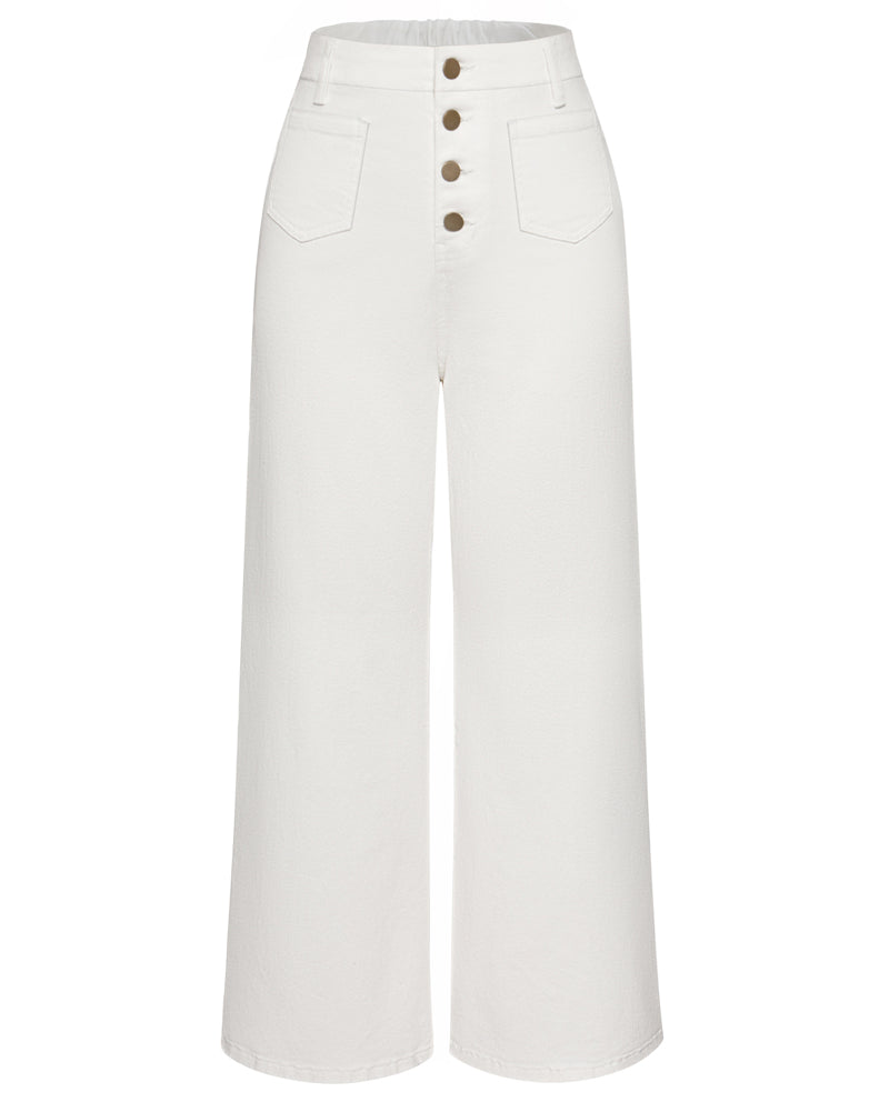 belle poque Vintage Straight Leg High Waisted Elastic Waist Multi-Pocket Flare Denim Pants White