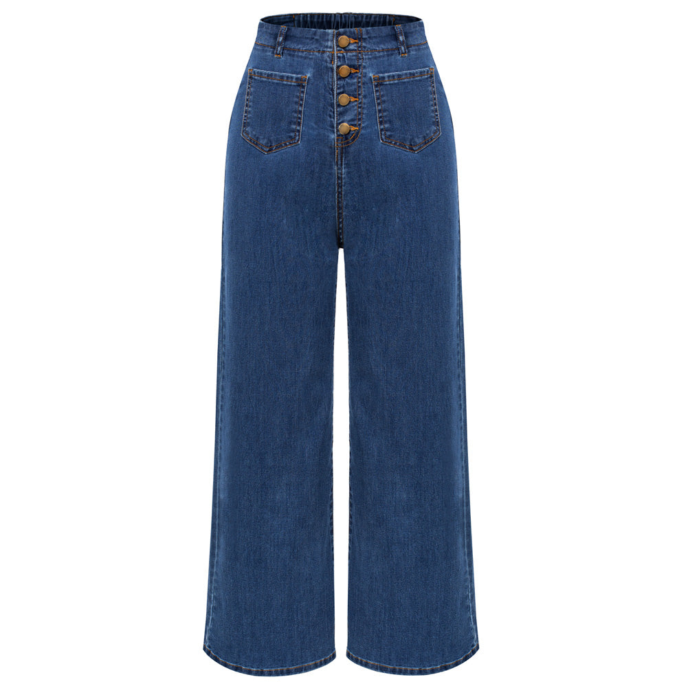 belle poque Vintage Straight Leg High Waisted Elastic Waist Multi-Pocket Flare Denim Pants Blue