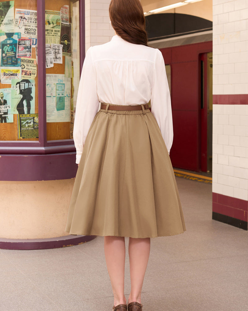 belle poque Swing Skirt with Belt Elastic High Waist Buttons Decorated Skirt