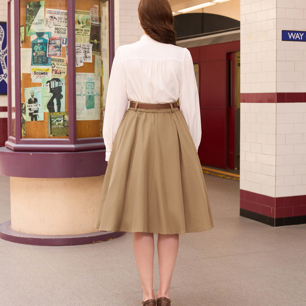 belle poque Swing Skirt with Belt Elastic High Waist Buttons Decorated Skirt