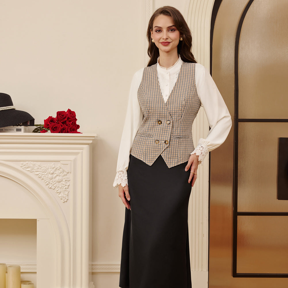 belle poque Women Double Breasted Vest Coat V-Neck Handkerchief Hem Business Waistcoat