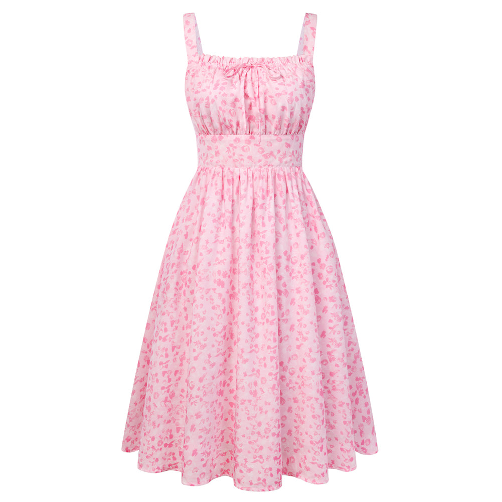 belle poque 2026 Summer Floral Dress Cute Milkmaid Dress with Pockets Pink