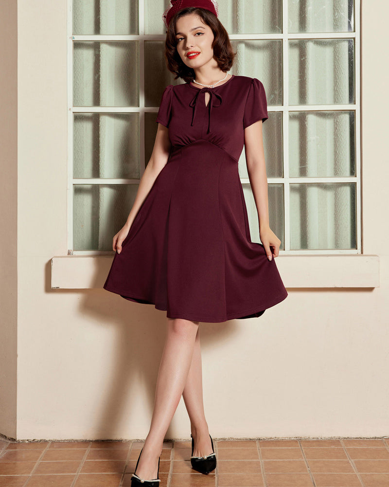 belle poque Vintage A-Line Swing Dress Keyhole Tie Dress Round Neck Work Dress Tea Dress