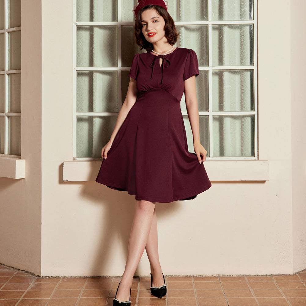 belle poque Vintage A-Line Swing Dress Keyhole Tie Dress Round Neck Work Dress Tea Dress