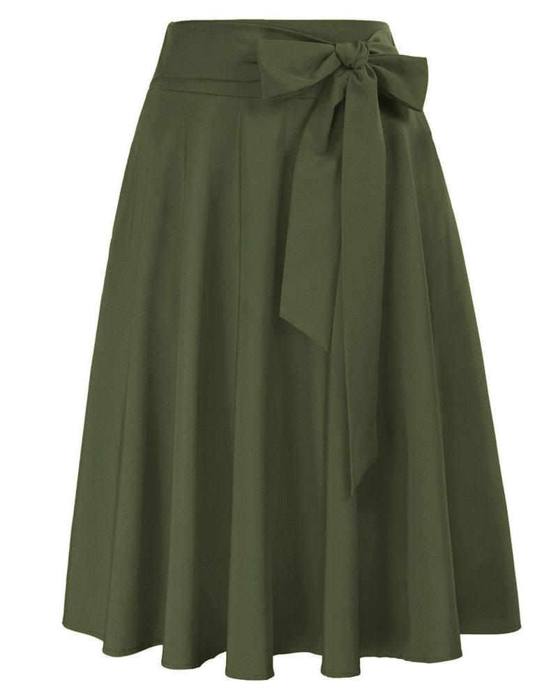 belle poque Floral Patterns Women's High Waist Bow Decorated A-Line Pockets Skirt Dark Olive Green