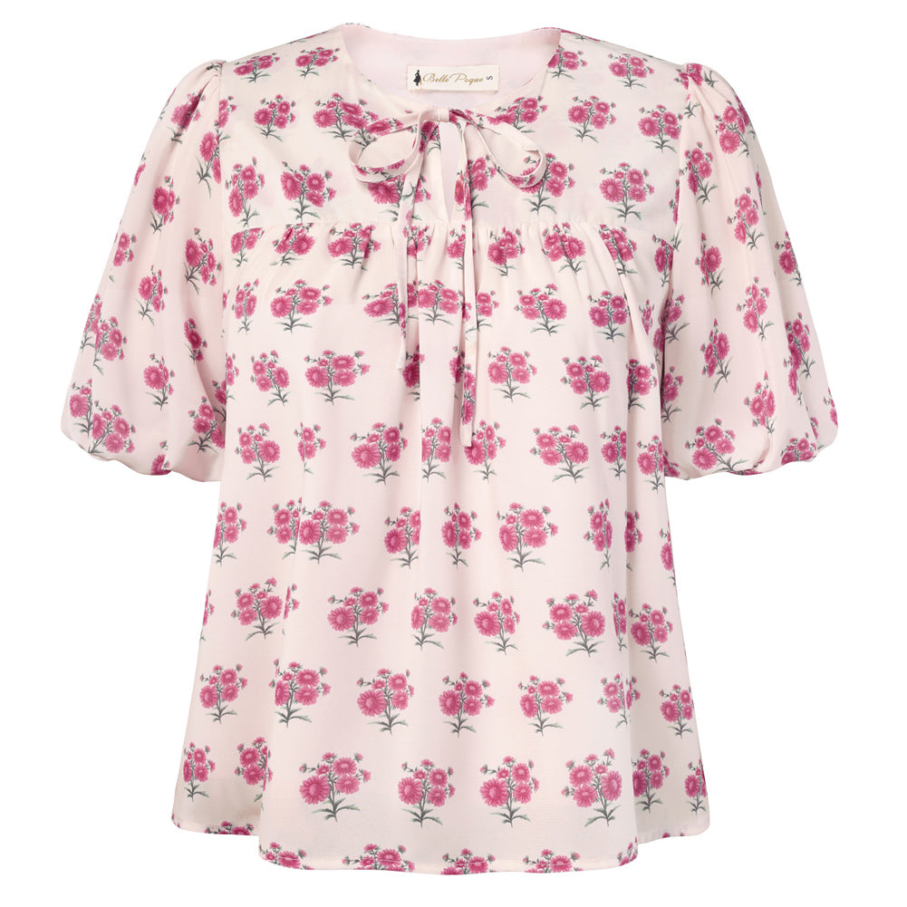 belle poque Floral Babydoll Tops for Women Puff Sleeve Tie Front Blouse Boho Tops Outfits Pink