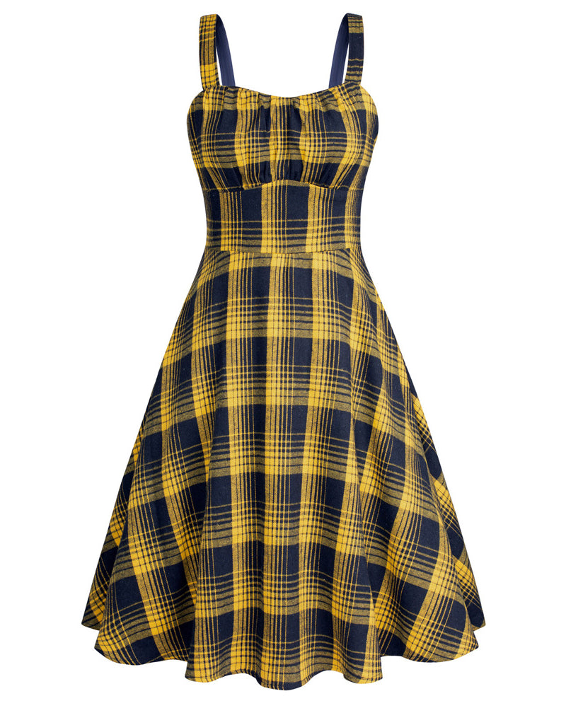 belle poque Vintage Two-Way Defined Waist Dress Ruched Bodice Flared Plaid A-Line Dress Yellow