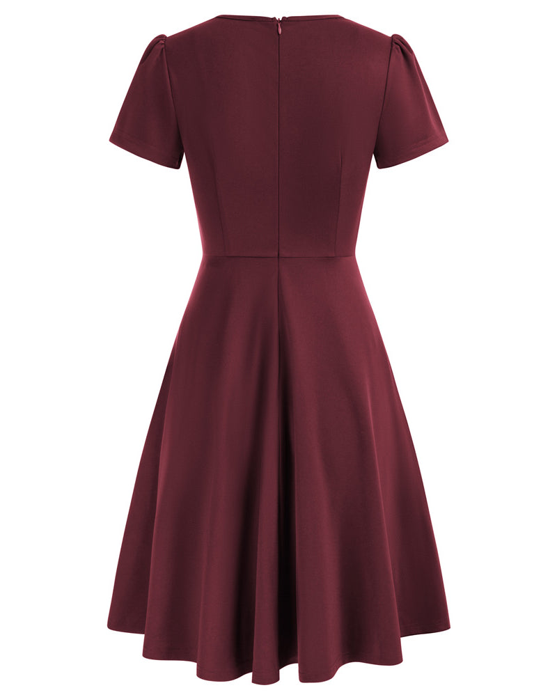 belle poque Vintage A-Line Swing Dress Keyhole Tie Dress Round Neck Work Dress Tea Dress