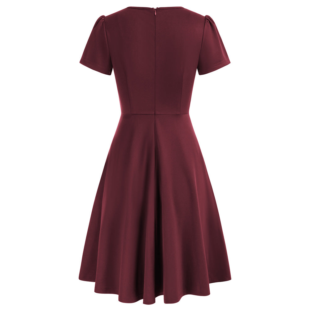belle poque Vintage A-Line Swing Dress Keyhole Tie Dress Round Neck Work Dress Tea Dress
