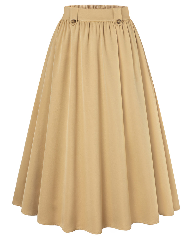 belle poque Women Vintage Swing Skirt Elastic Waist Mid-Calf Length A-Line Skirt Khaki