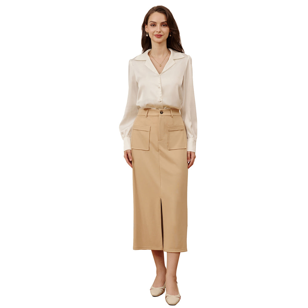 belle poque Women Cargo Skirt Long Pencil Skirt High Wiasted Skirts with Pockets & Slit