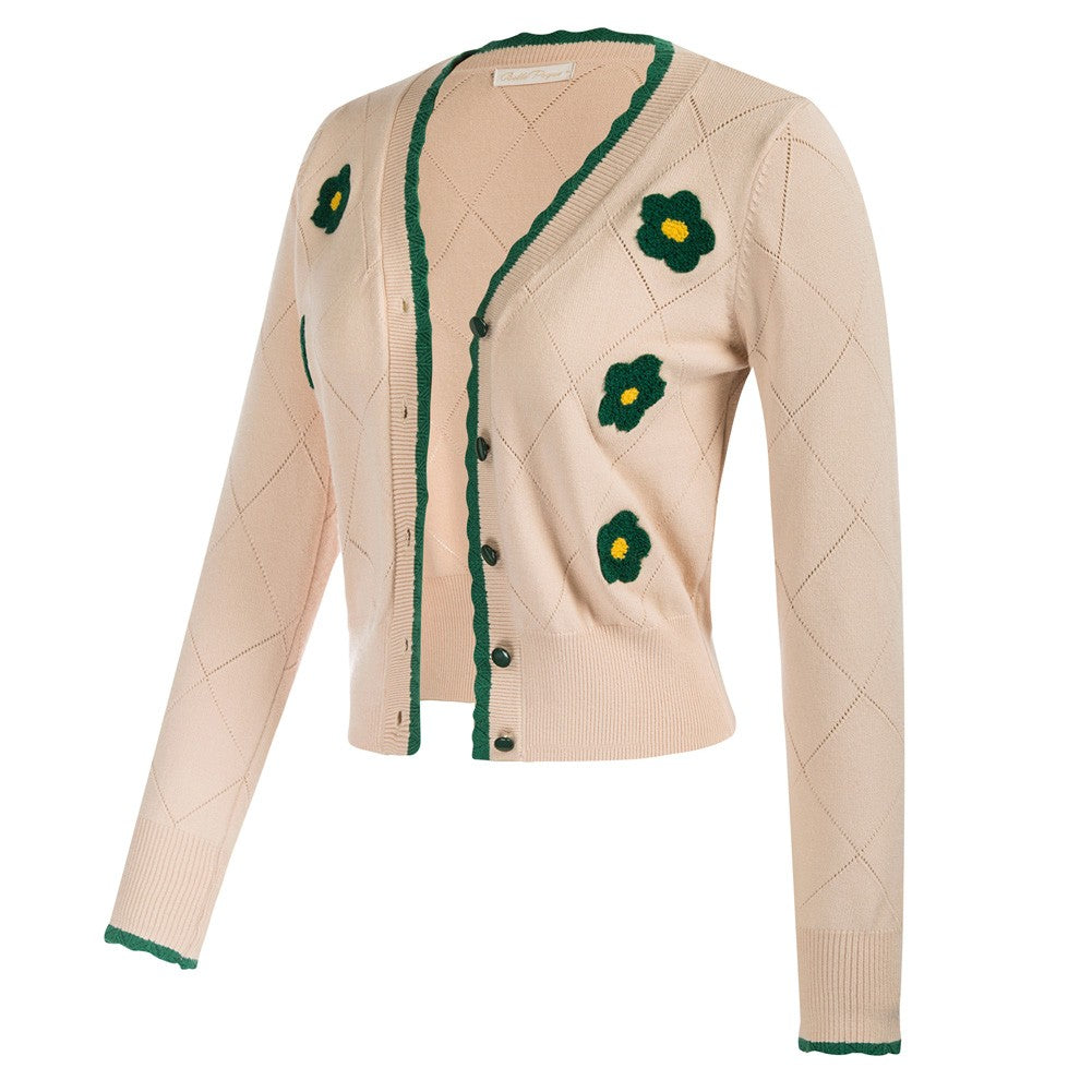 belle poque Long Sleeve V-Neck Button Down Cropped Sweater Cardigan