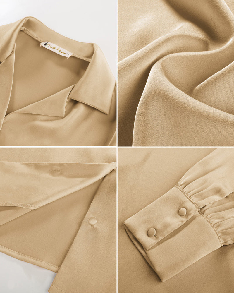belle poque Women Vintage Shirt OL Long Sleeve Lapel Collar V-Neck Button-up Tops