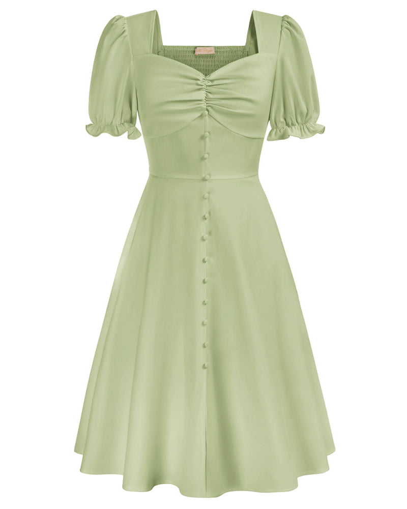 belle poque Vintage Strawberry Patterns Front Slit Dress Puffed Short Sleeve Sweetheart Neck Dress Light Green