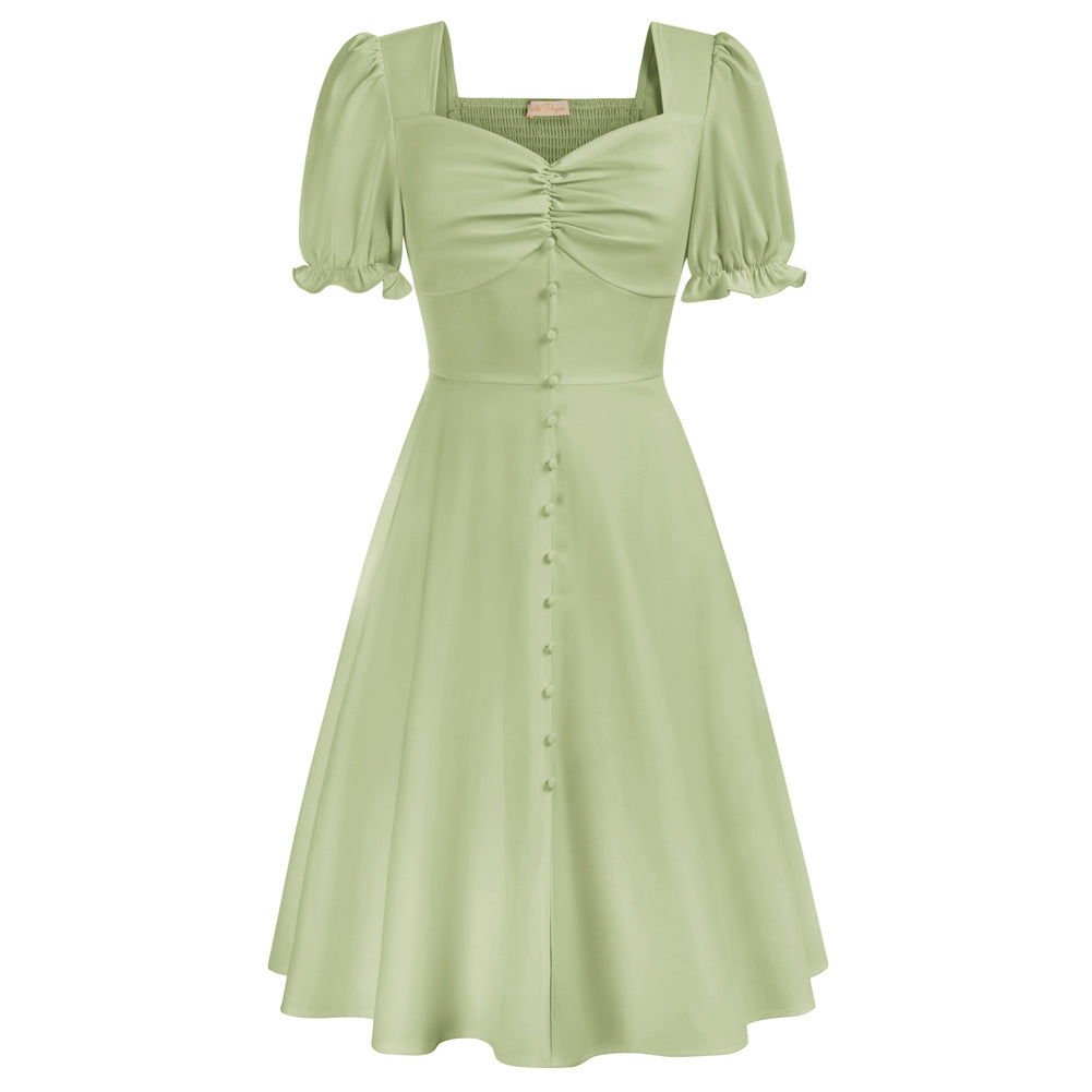 belle poque Vintage Strawberry Patterns Front Slit Dress Puffed Short Sleeve Sweetheart Neck Dress Light Green