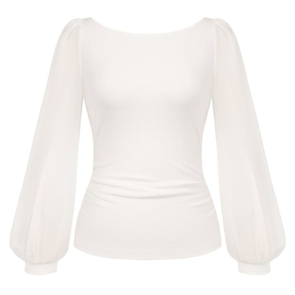 belle poque Women's Mesh Long Sleeve Tops Bow Tie Back Dressy Blouses Apricot