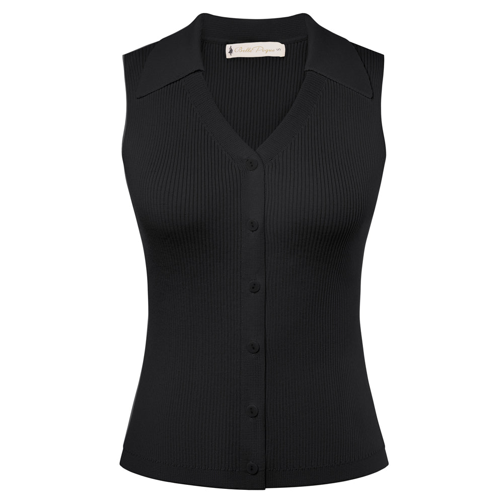 belle poque Women's Button Down Tank Tops Collared Slim Fit Office Tops Black