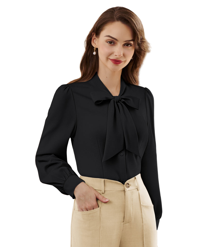 belle poque Women's Bow Tie Neck Blouse Button Down Shirt for Work Office Casual