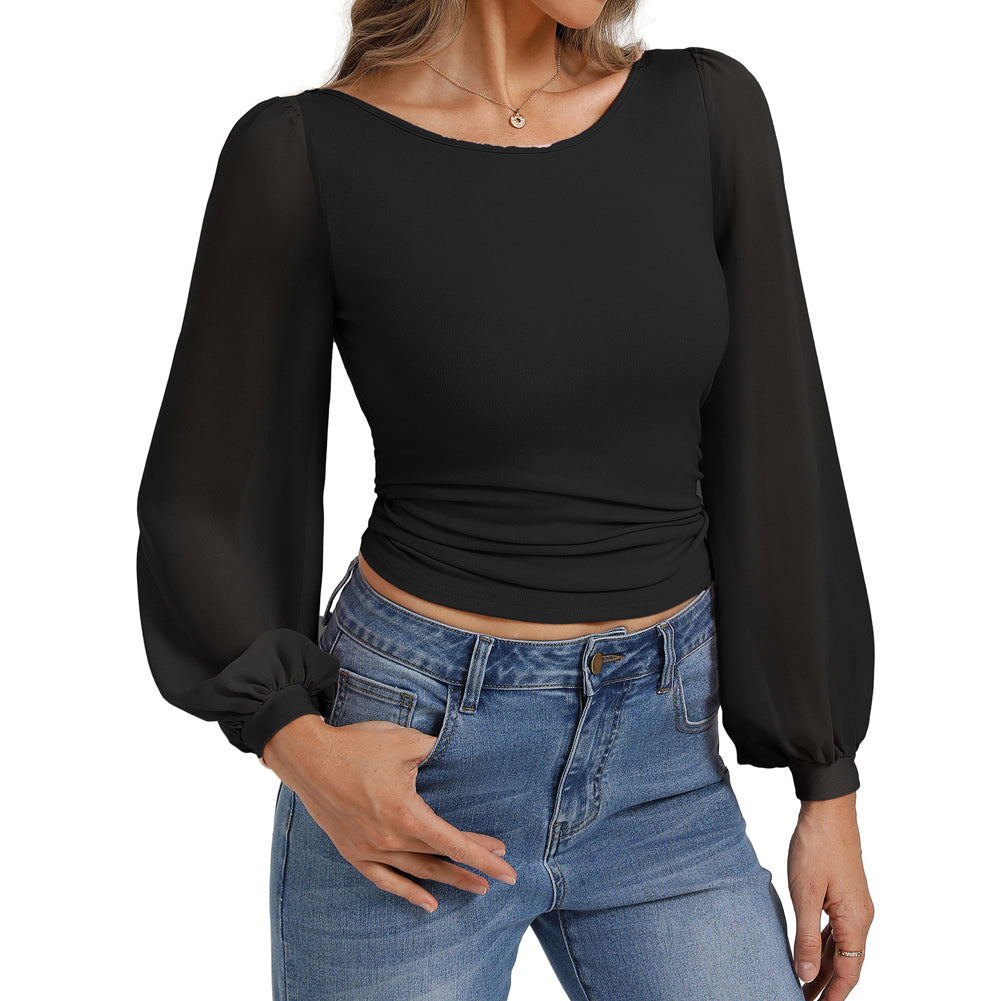 belle poque Women's Mesh Long Sleeve Tops Bow Tie Back Dressy Blouses