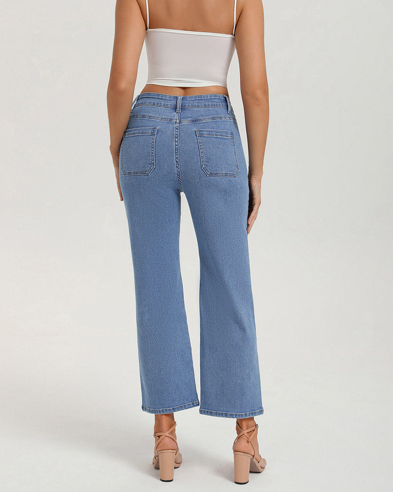 belle poque Women's Straight Leg Jeans Mid Rise Wide Leg Denim Pants with Pockets