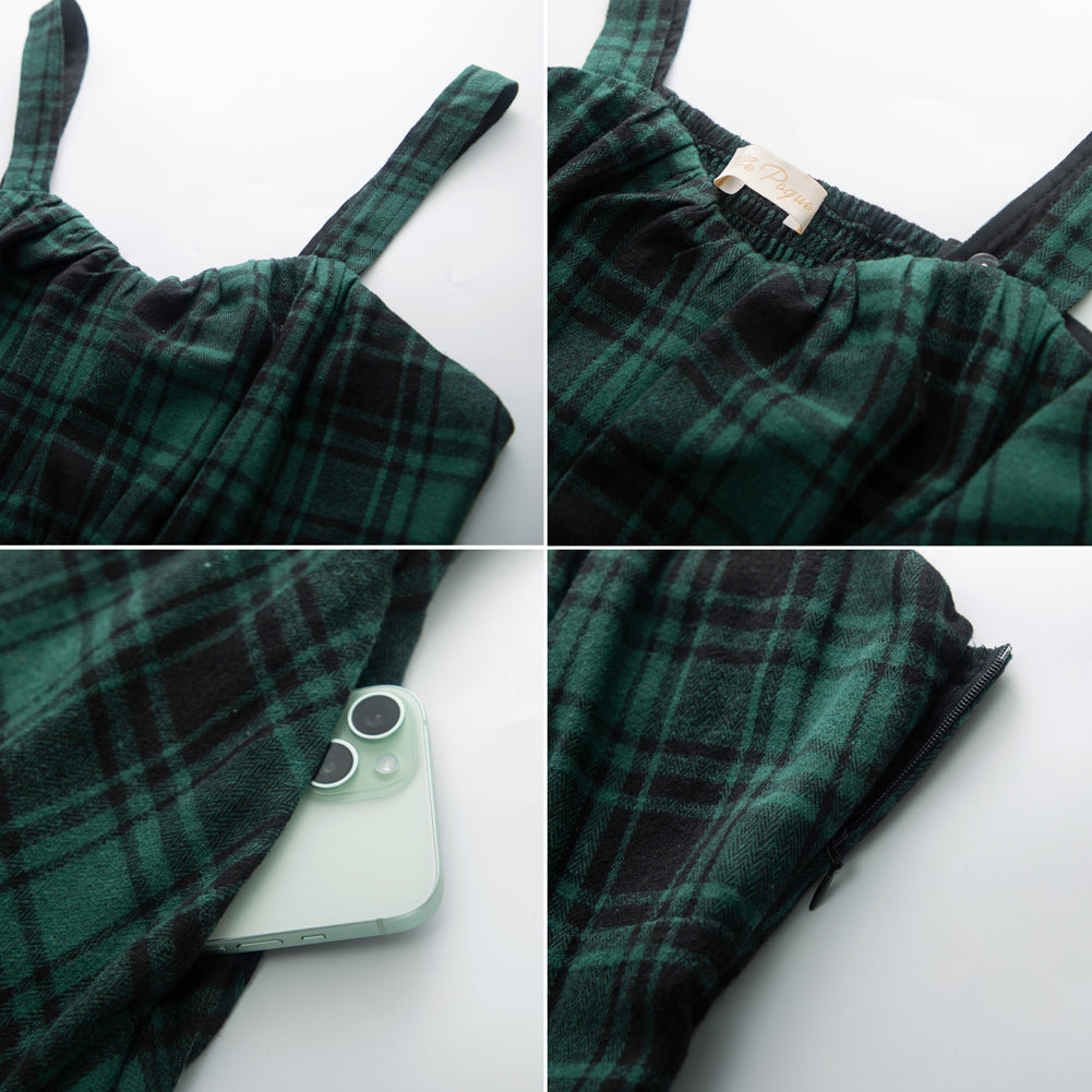 belle poque Vintage Two-Way Defined Waist Dress Ruched Bodice Flared Plaid A-Line Dress