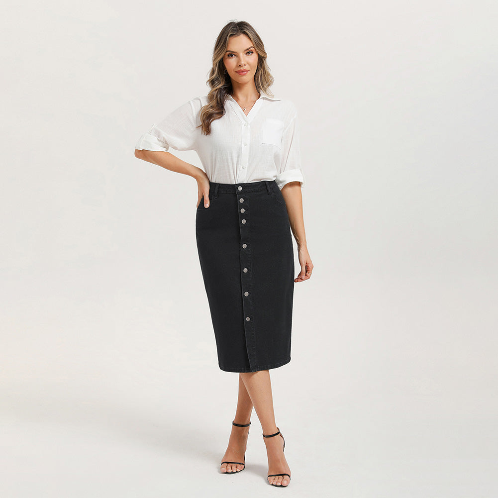 belle poque 1980s Vintage Jean Skirts for Women Front Slit Midi Work Skirt with Pockets