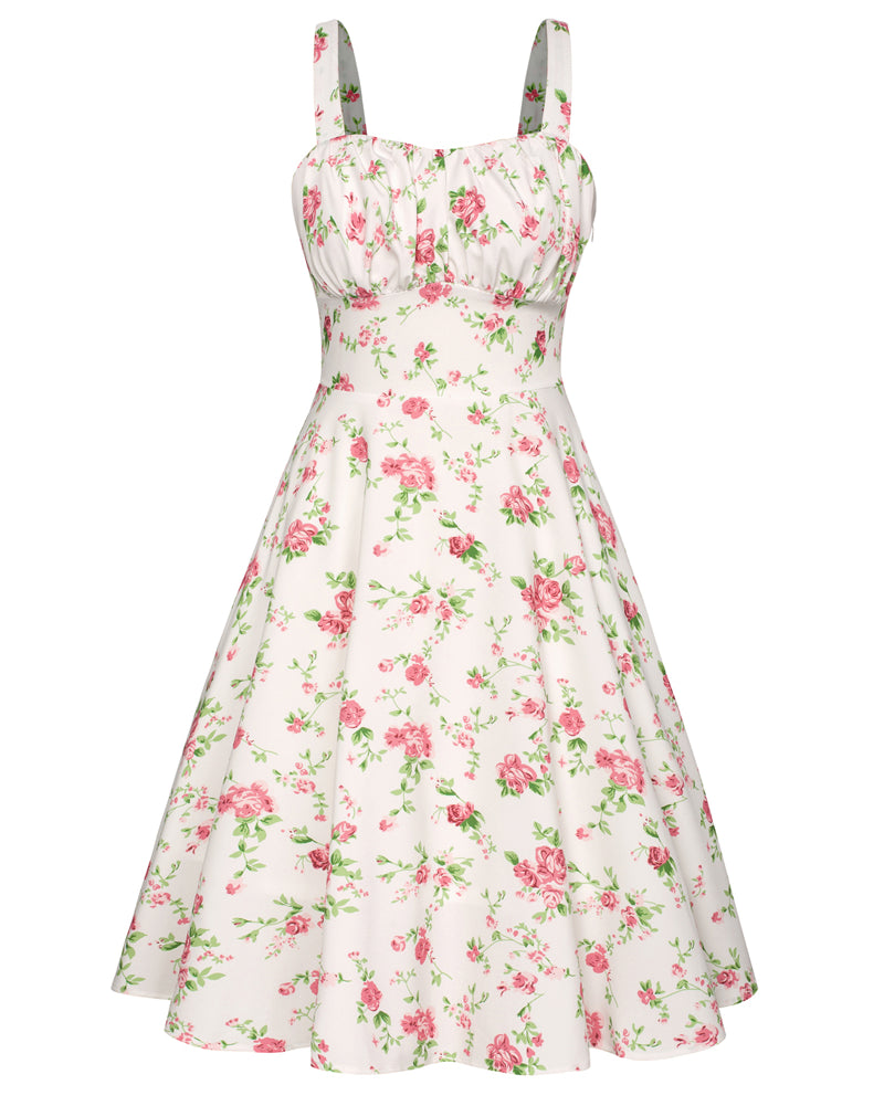 belle poque Vintage Two-Way Defined Waist Dress Ruched Bodice Flared A-Line Dress White