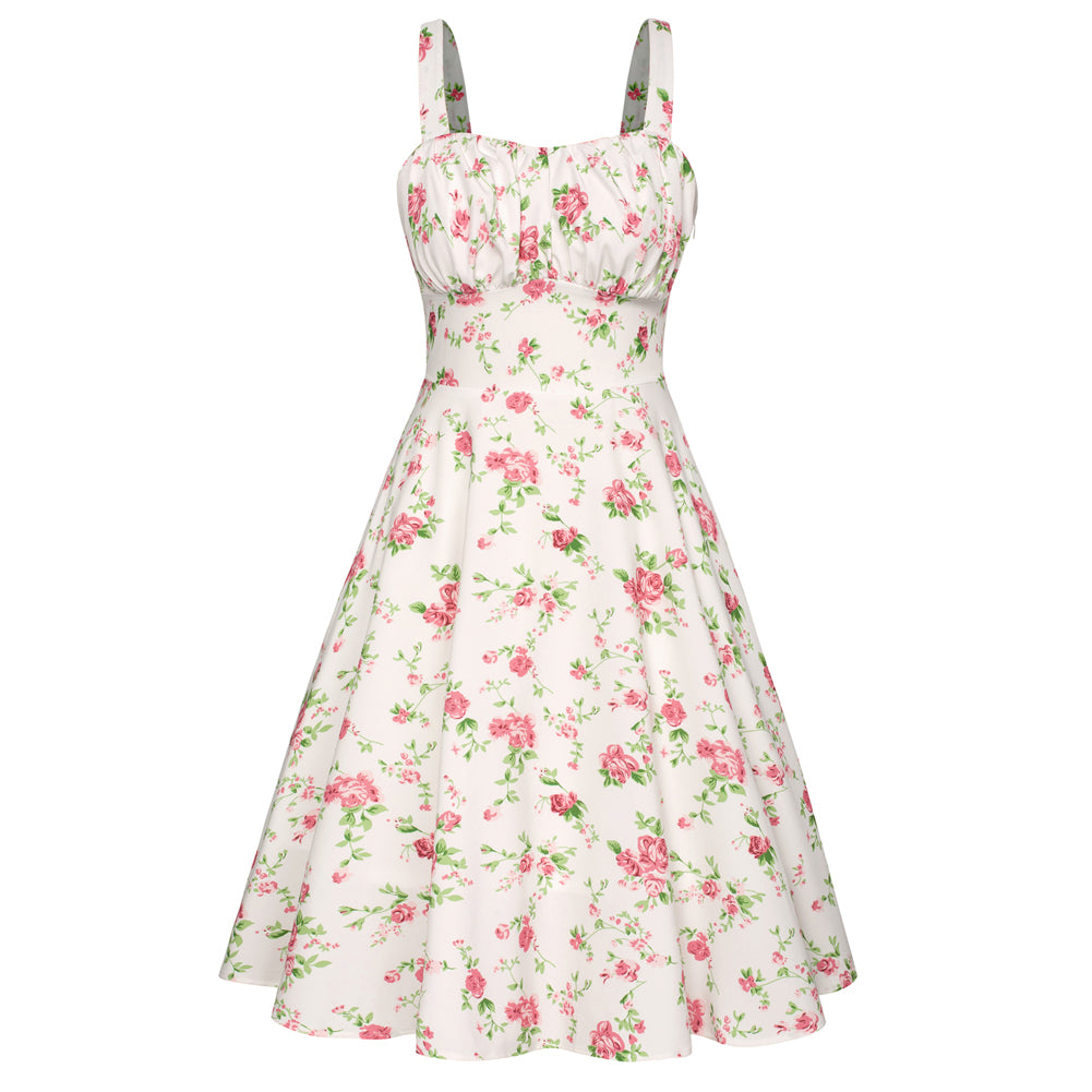 belle poque Vintage Two-Way Defined Waist Dress Ruched Bodice Flared A-Line Dress White