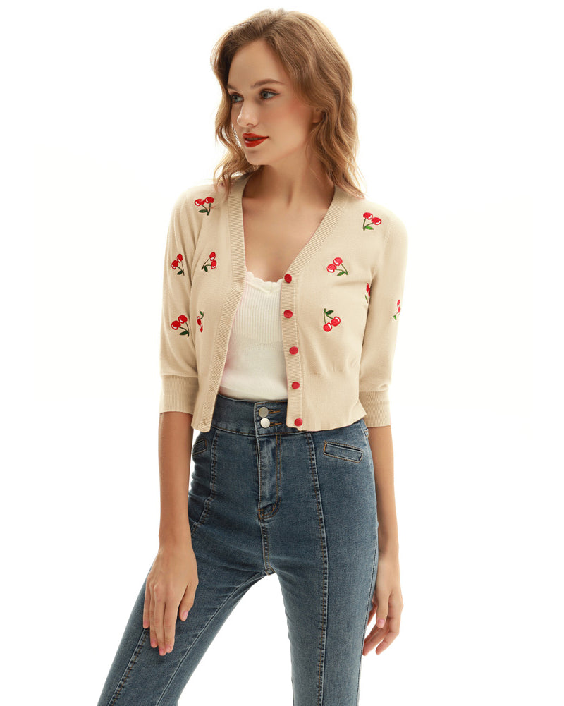 belle poque 3/4 Sleeve V-Neck Button Down Cherries Embroidery Cropped Cardigan Sweater Coat