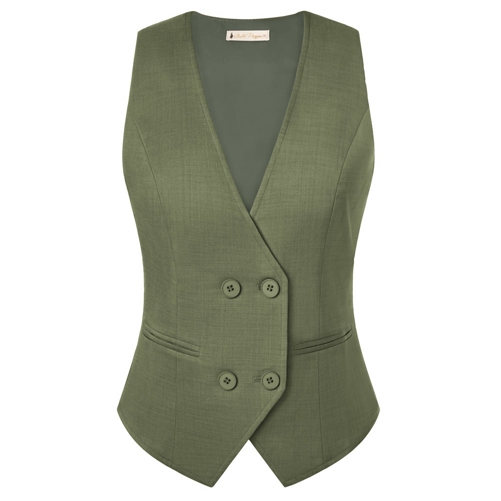 belle poque Women Double Breasted Vest Coat V-Neck Handkerchief Hem Business Waistcoat Green