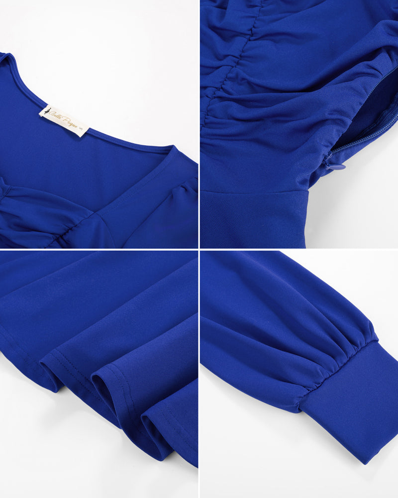 belle poque Women Vintage Ruched Tops Puffed Long Sleeve Peplum Hem Tops