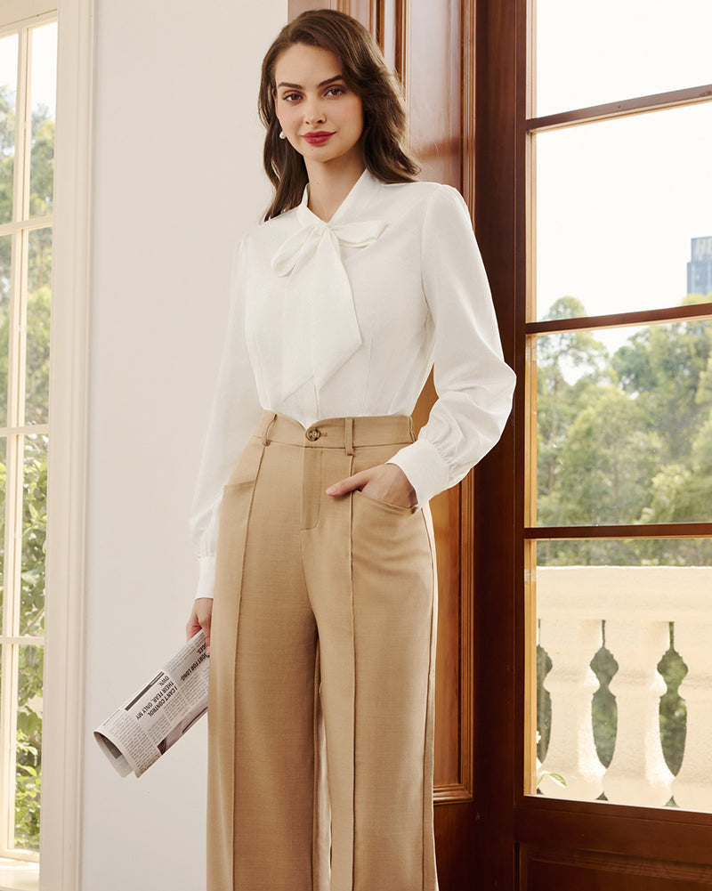 belle poque Women's Bow Tie Neck Blouse Button Down Shirt for Work Office Casual