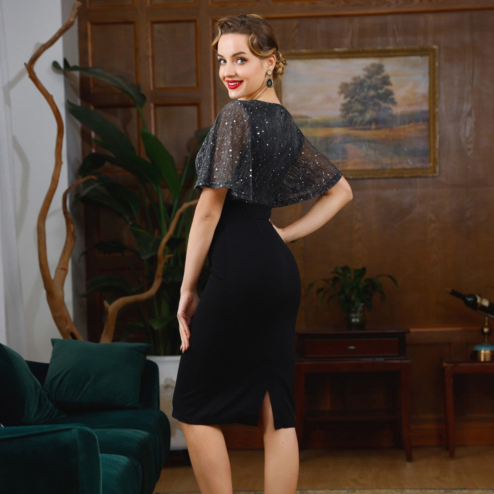 belle poque Vintage V-Neck Short Sleeves Contrast Fabric Hips-Wrapped Bodycon Dress⏰Flash Sale