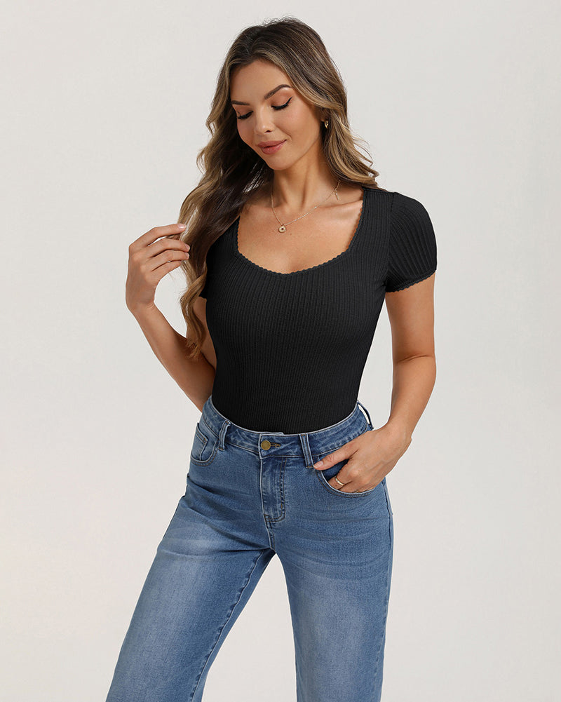 belle poque Women's Lace Trim Tops Slim Fit Ribbed Knit Basic Tee Tops