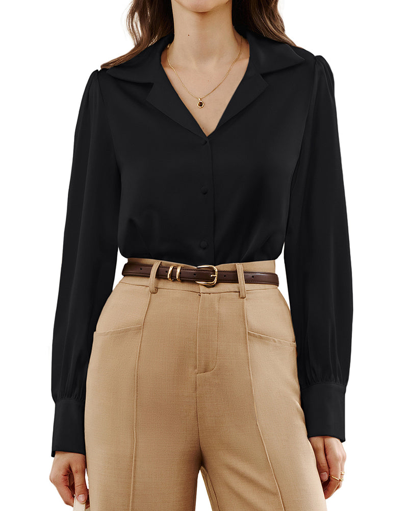 belle poque Women Vintage Shirt OL Long Sleeve Lapel Collar V-Neck Button-up Tops