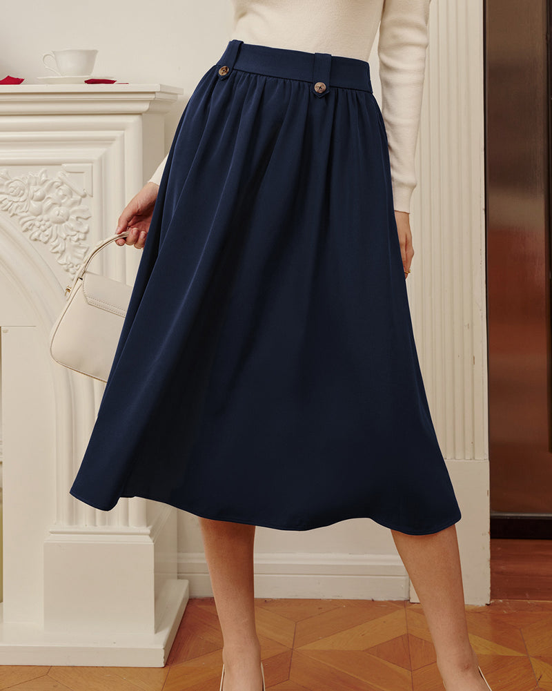 belle poque Women Vintage Swing Skirt Elastic Waist Mid-Calf Length A-Line Skirt