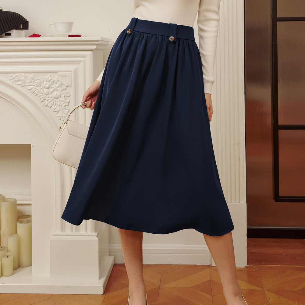 belle poque Women Vintage Swing Skirt Elastic Waist Mid-Calf Length A-Line Skirt