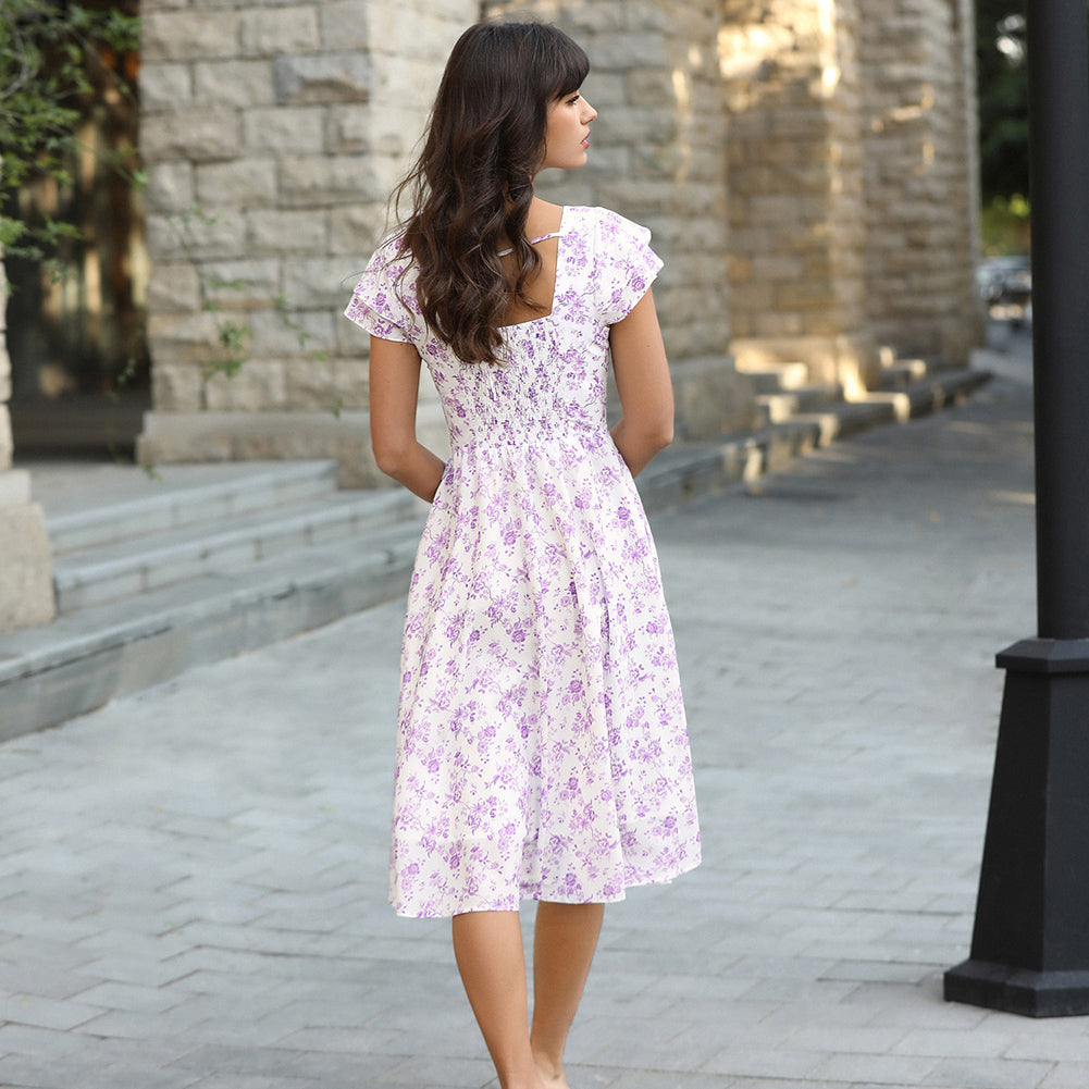 belle poque 1950s Women's Sweatheart Floral Dress Ruched Midi Garden Party Dress