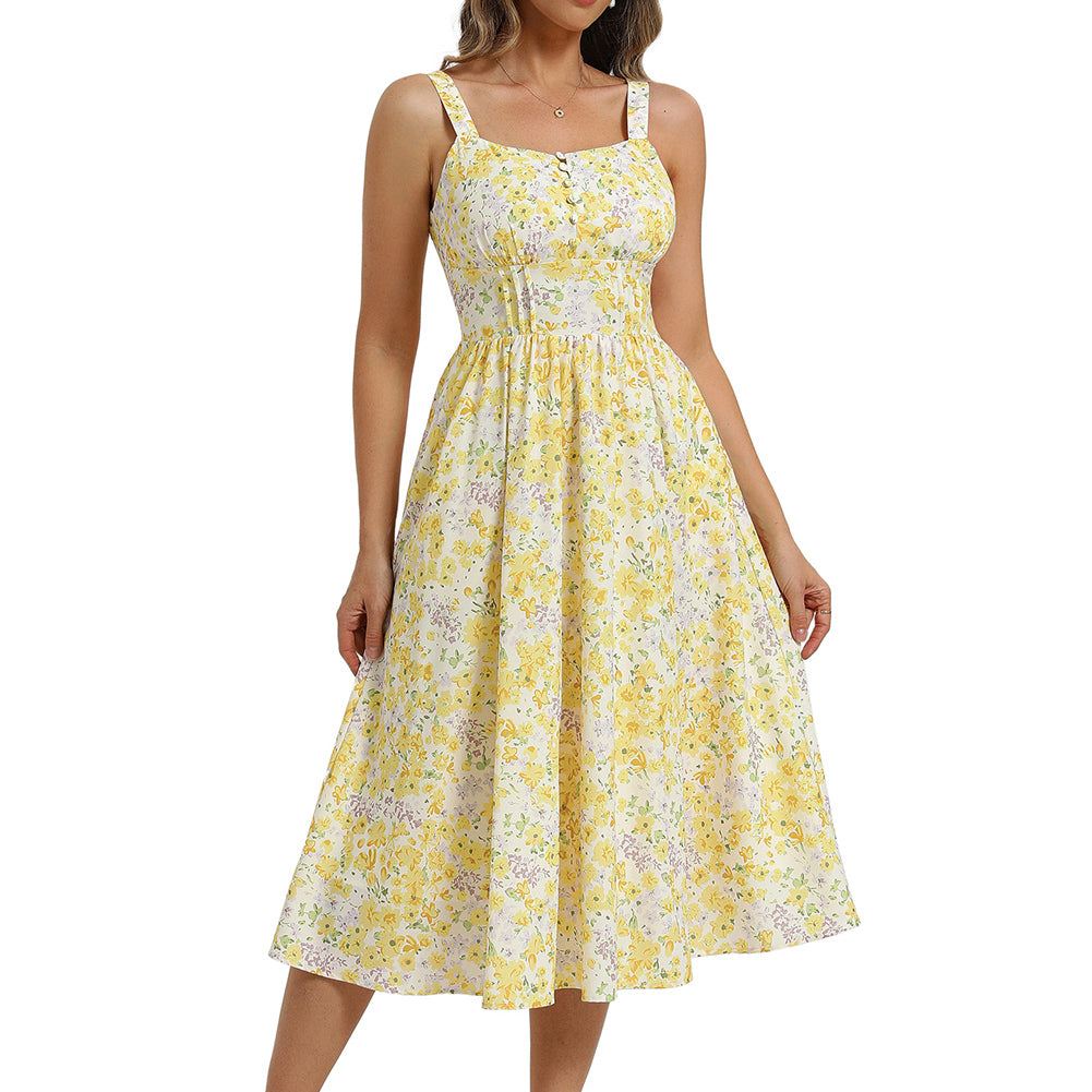 belle poque 2026 Vacation Floral Dress for Women Sundress Midi Flowy Beach Dresses Yellow