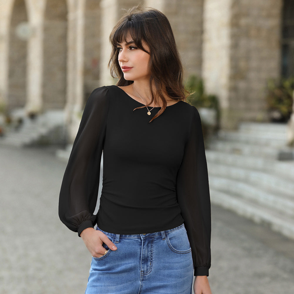 belle poque Women's Mesh Long Sleeve Tops Bow Tie Back Dressy Blouses