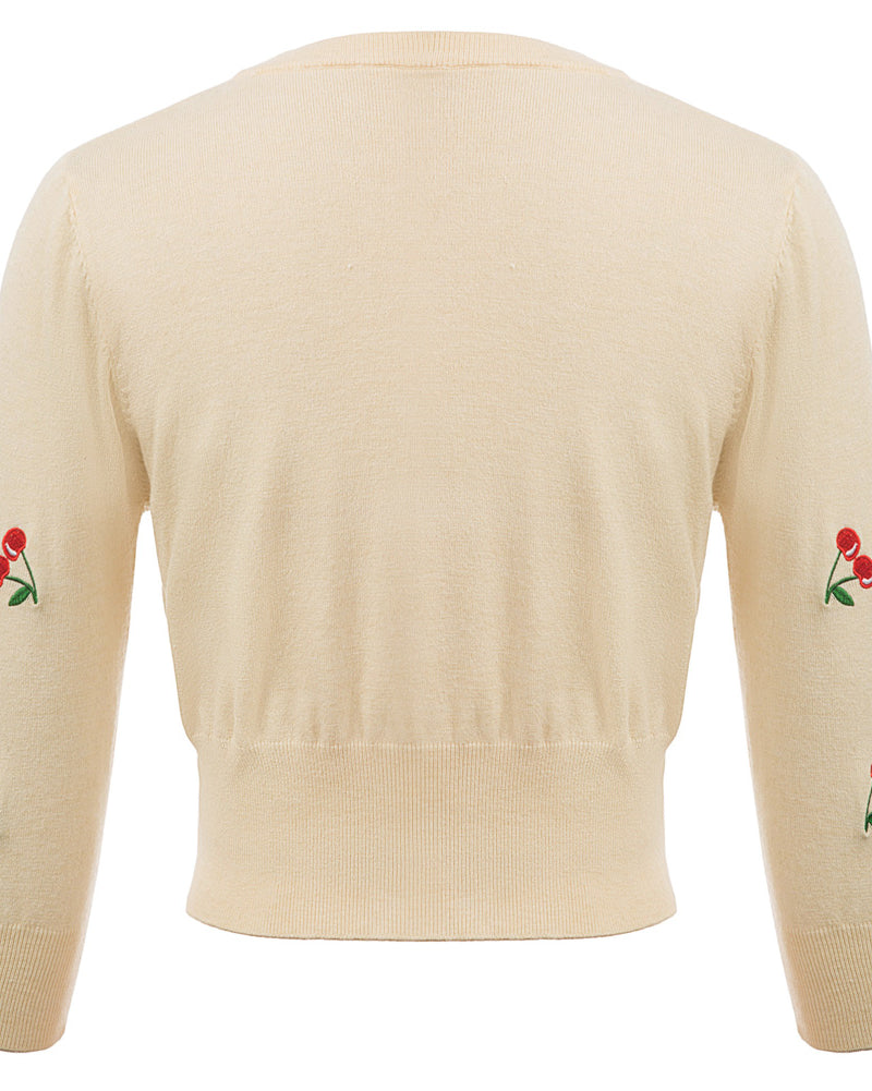 belle poque 3/4 Sleeve V-Neck Button Down Cherries Embroidery Cropped Cardigan Sweater Coat